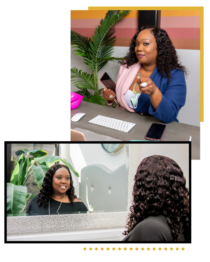 woman business owner at desk and mirror
